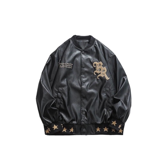 Aelfric Eden "Letters Star" Flocking Black Varsity Bomber Jacket $110 Mens S